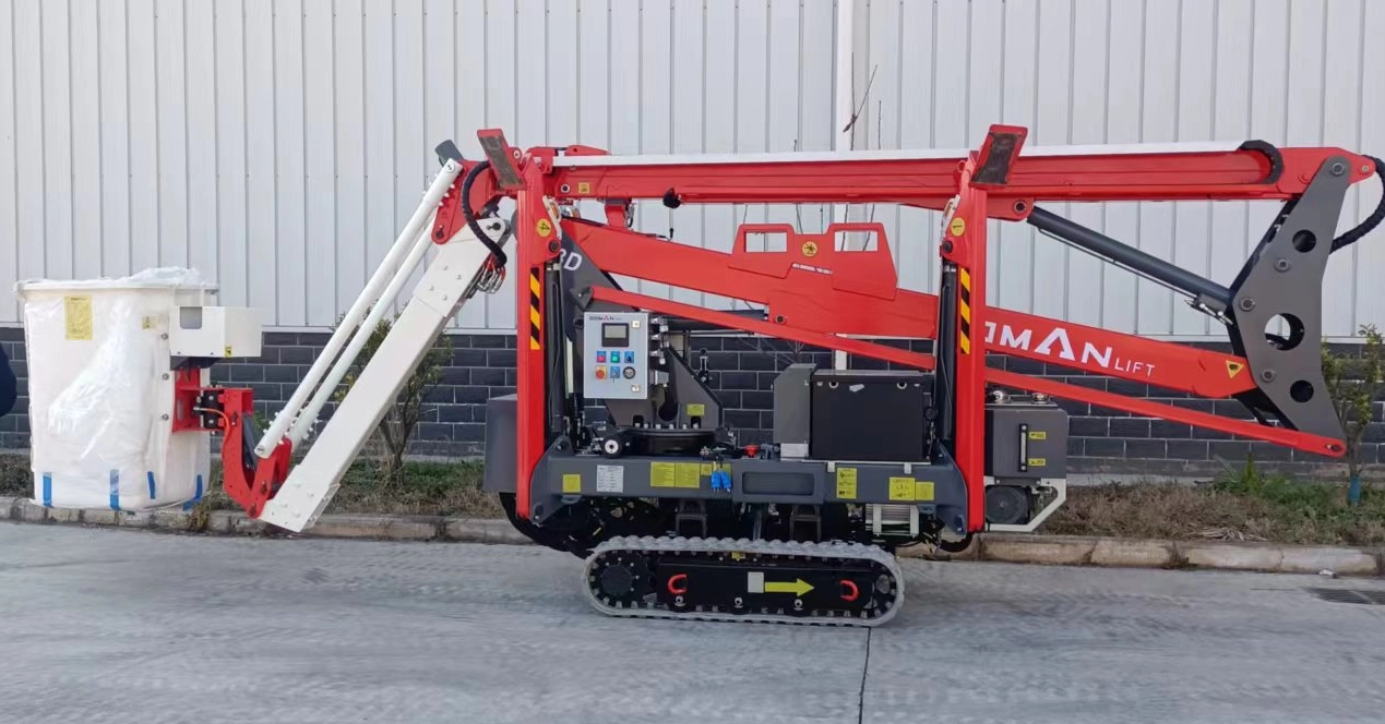 Insulated tracked lift operating in complex off-road terrain near utility lines